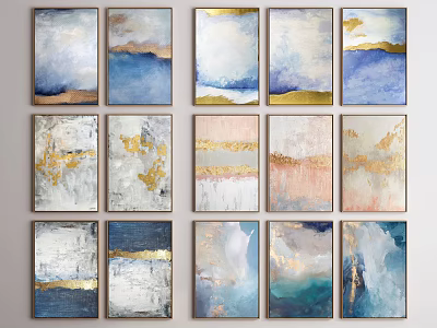 Modern Abstract Paintings With Textured Blue Pink White Tones And Gold Accents Wall Art Decor 3d model