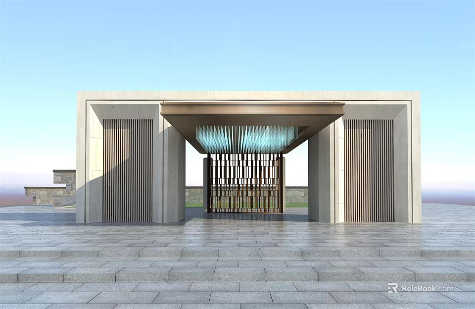 Modern Entrance Gate Design With Stone Columns Grille Ceiling And Paved Floor 3d model 
