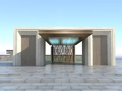 Modern Entrance Gate Design With Stone Columns Grille Ceiling And Paved Floor 3d model