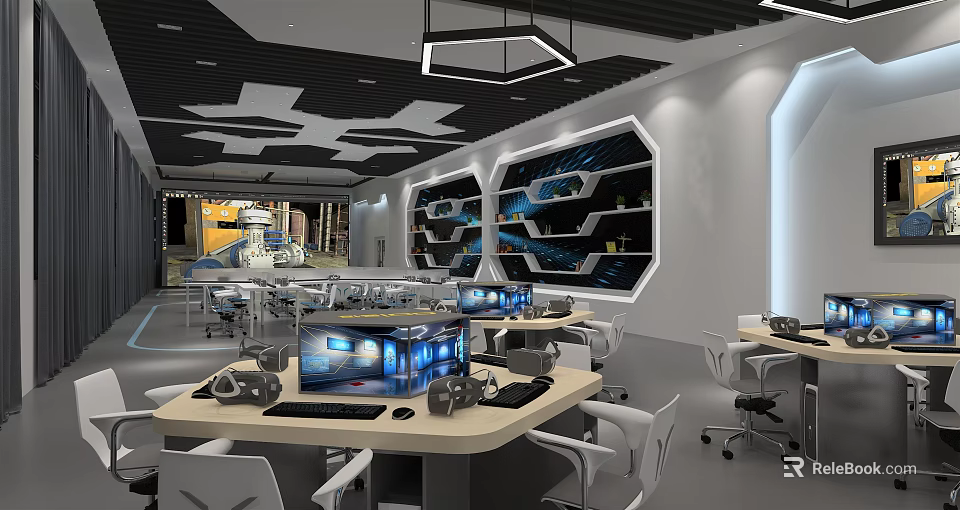 Modern School Computer Lab With Desks Computers Shelves Ergonomic Chairs And Bright Lighting 3d model 