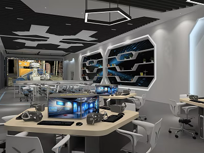 Modern School Computer Lab With Desks Computers Shelves Ergonomic Chairs And Bright Lighting 3d model