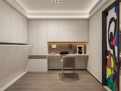 Modern Study Room Interior With White Cabinets Writing Desk And Colorful Abstract Painting 3d model