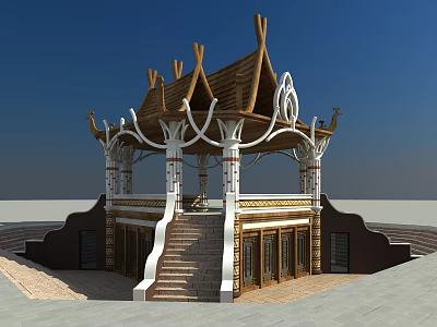 Traditional Pavilion With Ornate Roof Decorative White Columns Brown Walls And Stone Stairs 3d model