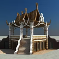 Traditional Pavilion With Ornate Roof Decorative White Columns Brown Walls And Stone Stairs