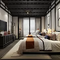 Chinese Style Hotel Guest Room With Two Beds Decorative Paintings And Wooden Ceiling