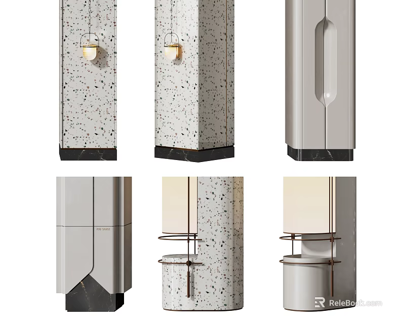 Modern Decorative Columns With Speckled Surface Marble Base And Metal Shelf Accents 3d model 