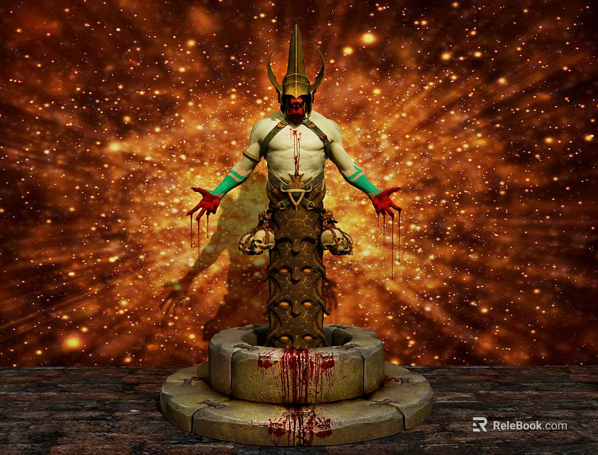 Game And Movie Character Horned With Green Gloves Blood Stains On Pedestal Golden Starry Background 3d model 