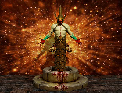 Game And Movie Character Horned With Green Gloves Blood Stains On Pedestal Golden Starry Background 3d model