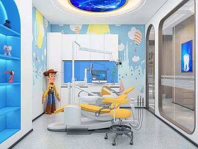 Children's Dental Clinic Interior With Cartoon Wall Art Toy Decorations And Dental Chair 3d model