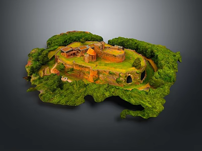 Scenic Model Castle Landscape With Green Circular Structure And Lush Trees 3d model