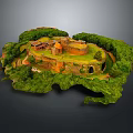 Scenic Model Castle Landscape With Green Circular Structure And Lush Trees