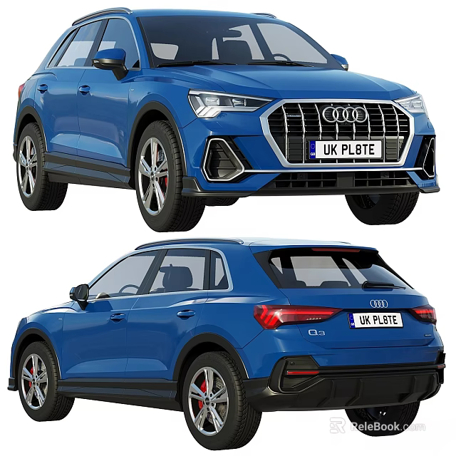 Blue Audi Q3 Car Front And Rear View With UK License Plate 3d model 