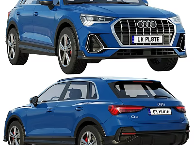 Blue Audi Q3 Car Front And Rear View With UK License Plate 3d model