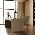Modern Wooden Desk With White Chair Laptop Globe Desk Lamp Notebook And Dried Flowers Vase