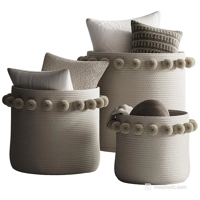 Woven Storage Baskets with Pom Pom Trim Holding Pillows and Blankets for Home Decor Organization 3d model 