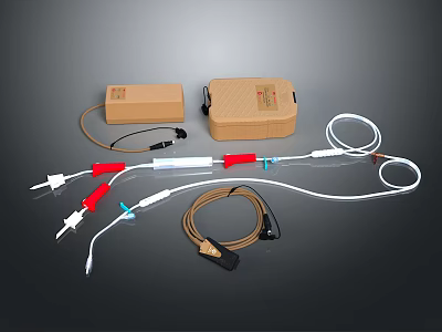 Medical Device Kit With Brown Storage Boxes White Tubes And Red Blue Connectors 3d model