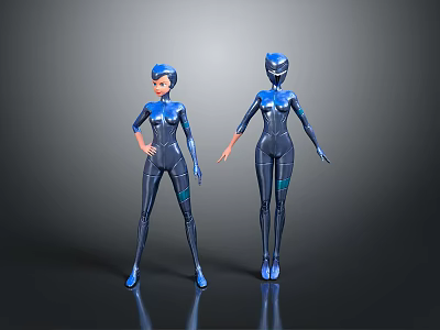 Blue Futuristic 3D Character Models In Tight Bodysuits With Different Poses 3d model