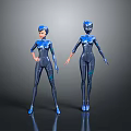 Blue Futuristic 3D Character Models In Tight Bodysuits With Different Poses