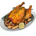 Delicious Roast Chicken on White Plate With Roasted Potatoes Rosemary Lemon Slice Fork and Knife