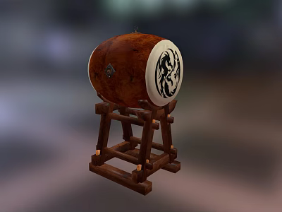 Traditional Drum Musical Instrument With Wooden Stand And Painted Pattern Art Tools 3d model