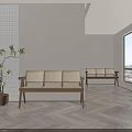 Modern Wooden Woven Lounge Chair in Bright Room with Large Window Plant and Herringbone Floor