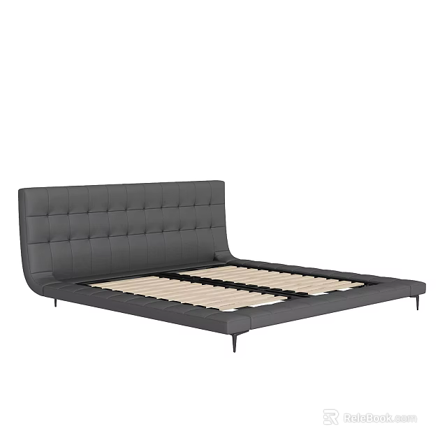 Modern Double Bed With Tufted Headboard Gray Frame Wooden Slats And Black Metal Legs 3d model 