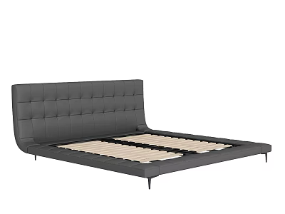Modern Double Bed With Tufted Headboard Gray Frame Wooden Slats And Black Metal Legs 3d model
