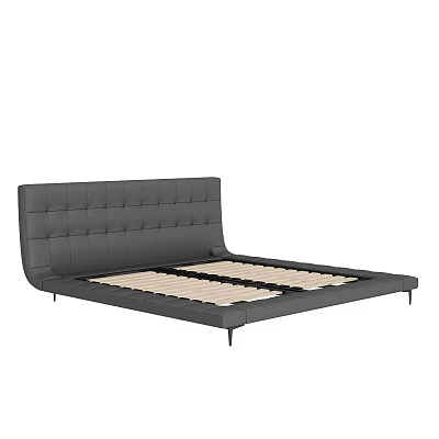 Modern Double Bed With Tufted Headboard Gray Frame Wooden Slats And Black Metal Legs 3d model