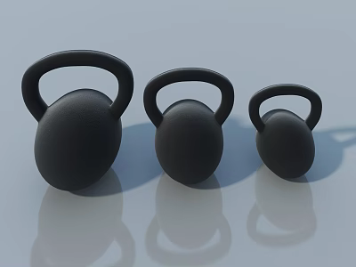 Three Black Kettlebells of Different Sizes with Smooth Surface on Reflective Background 3d model