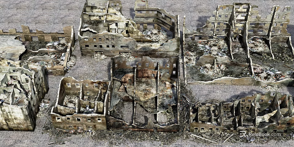 Burned Building Structures Featuring Charred Walls Broken Windows And Rubble Remains 3d model