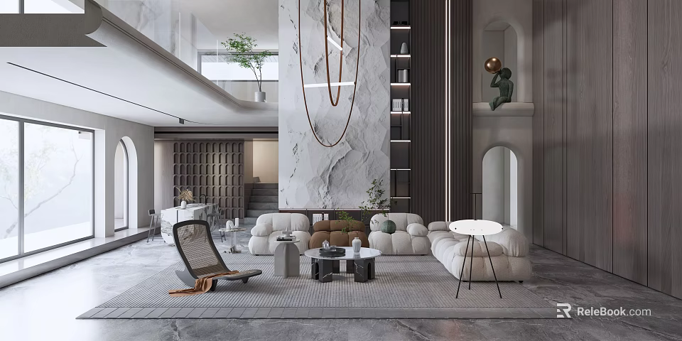 Modern Duplex Living Room Interior With High Ceiling Marble Wall And Cozy Sofa 3d model 