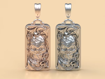 Jewelry Pendants Square Shape With Skull Carved Design And Scroll Patterns In Silver Rose Gold 3d model