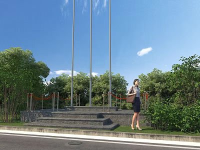 Rural Landscape With Green Trees Lush Grass Blue Sky And Flagpoles Near Steps 3d model