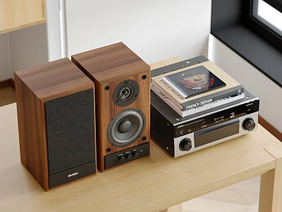 Modern Wooden Speakers And Audio Amplifier With Vinyl Record On Table 3d model