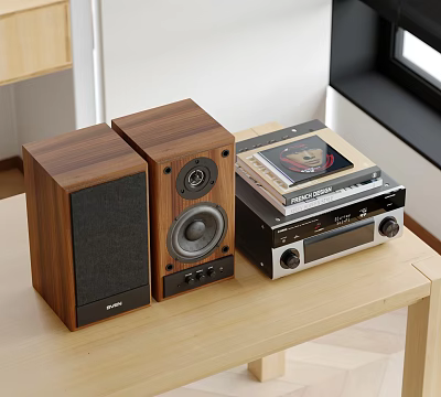 Modern Wooden Speakers And Audio Amplifier With Vinyl Record On Table 3d model
