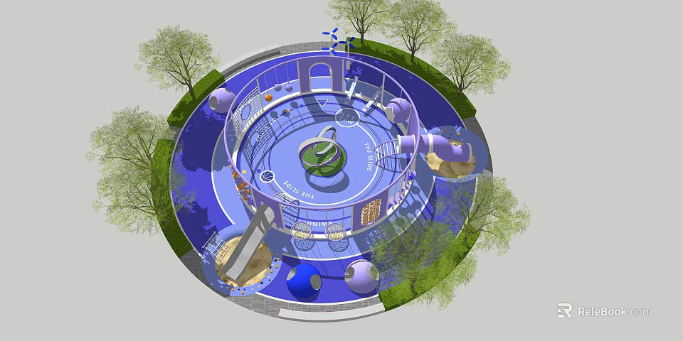 Children's Play Area With Circular Design Blue Floor Green Central Structure And Trees 3d model 