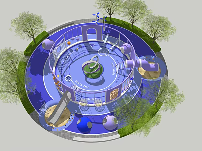 Children's Play Area With Circular Design Blue Floor Green Central Structure And Trees 3d model