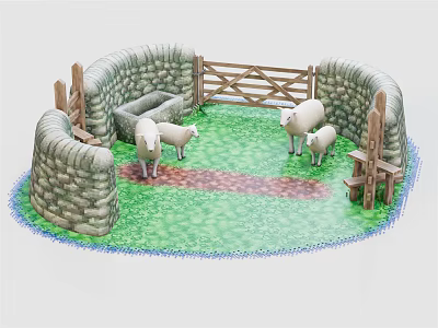Enclosed Area With Stone Walls Wooden Gate And Grazing Sheep On Green Grass 3d model