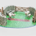 Enclosed Area With Stone Walls Wooden Gate And Grazing Sheep On Green Grass