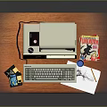 Retro Computer Setup on Wooden Desk With Screen Paul Test Keyboard Floppy Disks Magazine Cup