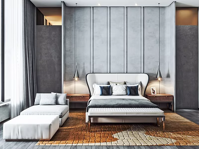 Modern Bedroom Interior With Double Bed Paneled Gray Wall Bedside Lamps Nightstands And Rug 3d model