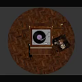 Vintage Wooden Record Player With Open Lid Turntable Stand And Storage Basket