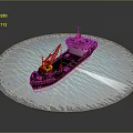 Cargo Ship with Red Hull White Superstructure and Yellow Crane on Blue Wavy Water Surface