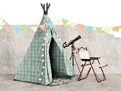 Green Plaid Teepee Tent With Colorful Triangular Flags Telescope And Folding Chair By Gray Wall 3d model
