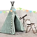 Green Plaid Teepee Tent With Colorful Triangular Flags Telescope And Folding Chair By Gray Wall