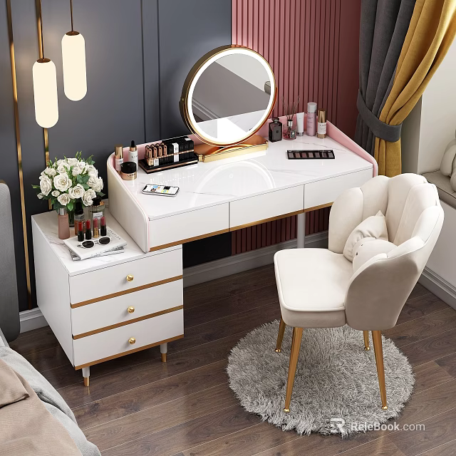 Elegant White Dressing Table Interior With Gold Details Round Mirror Cosmetics And Beige Chair 3d model 