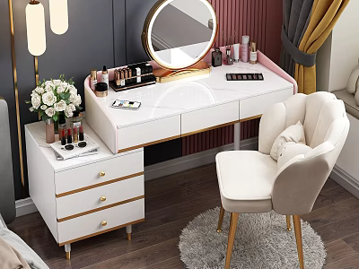 Elegant White Dressing Table Interior With Gold Details Round Mirror Cosmetics And Beige Chair 3d model