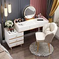 Elegant White Dressing Table Interior With Gold Details Round Mirror Cosmetics And Beige Chair