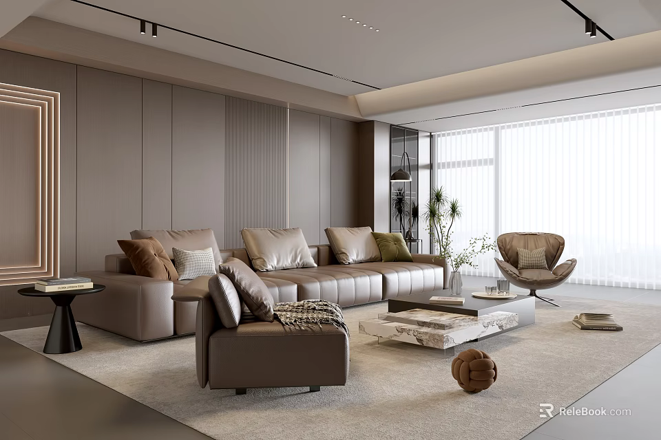 Modern Living Room Interior With Beige Sofa Armchair Coffee Table Area Rug And Large Window 3d model 