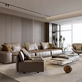 Modern Living Room Interior With Beige Sofa Armchair Coffee Table Area Rug And Large Window